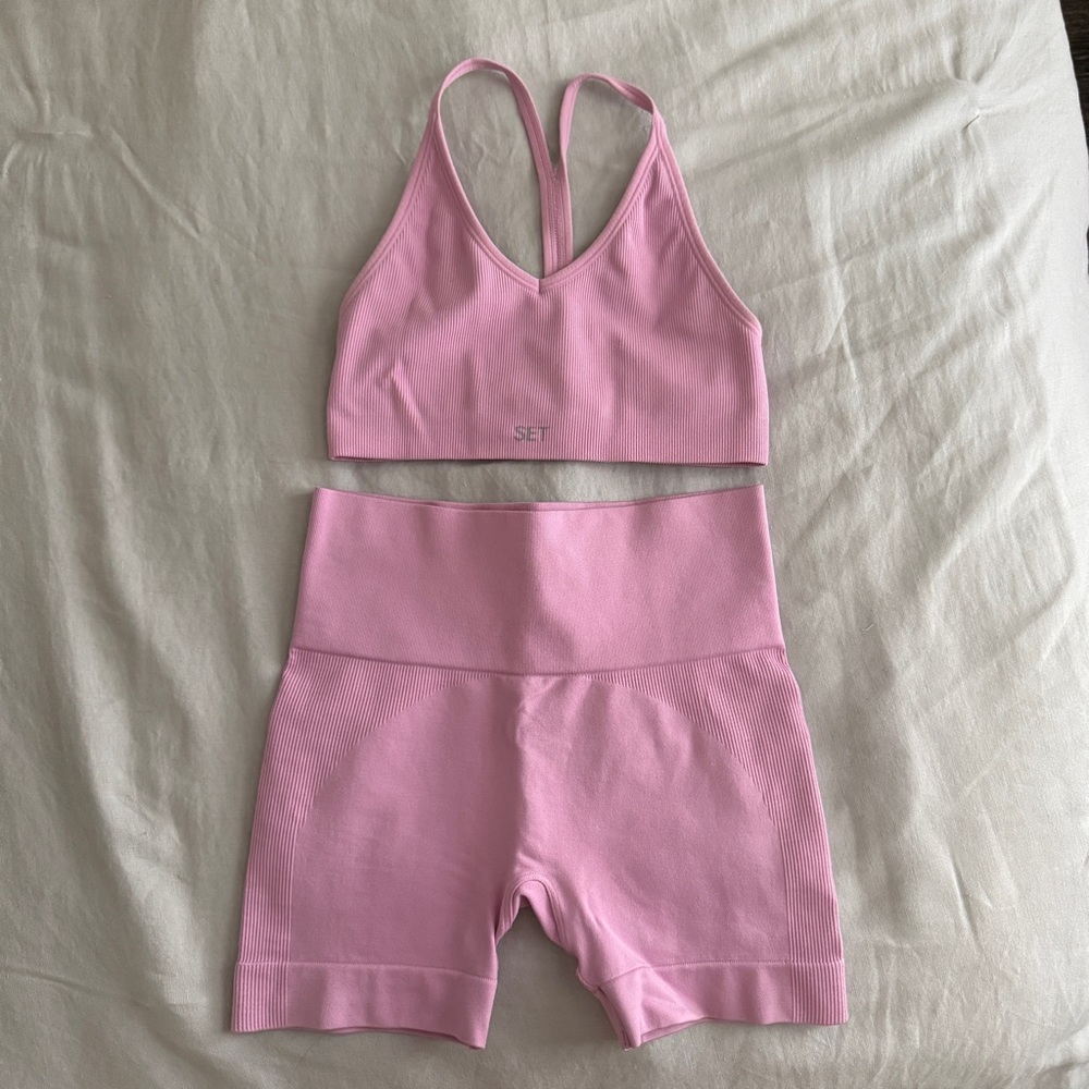 Set Active Sculptflex Charm Pink Power Ribbed V Bra and Biker Shorts